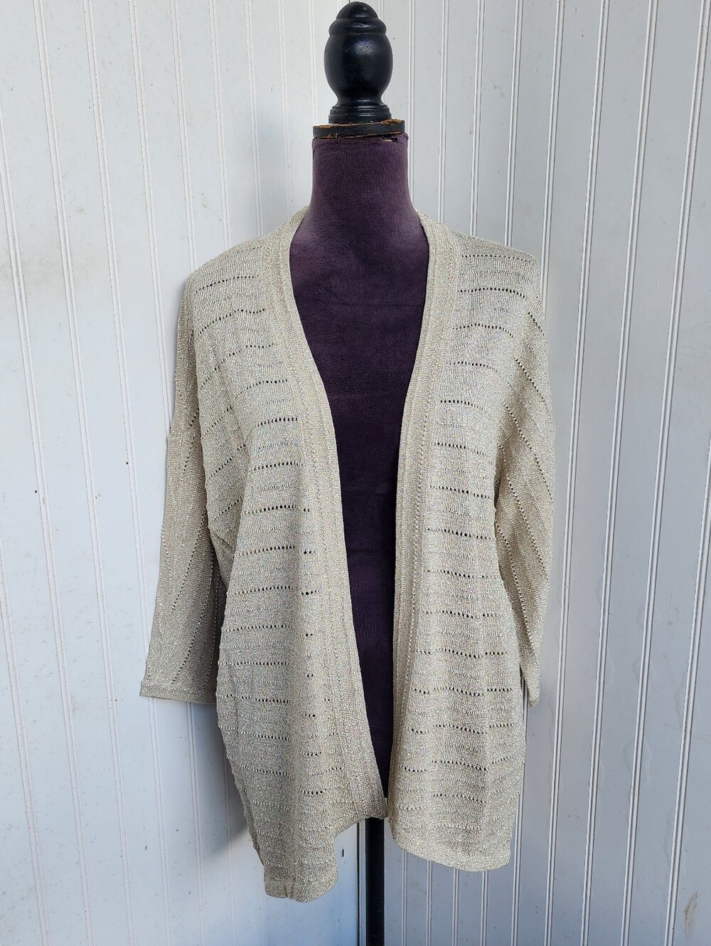 Chicoโs Cardigan Womens Gold Metallic 3/4 Sleeve Cotton Blend Open Front 1 (M)